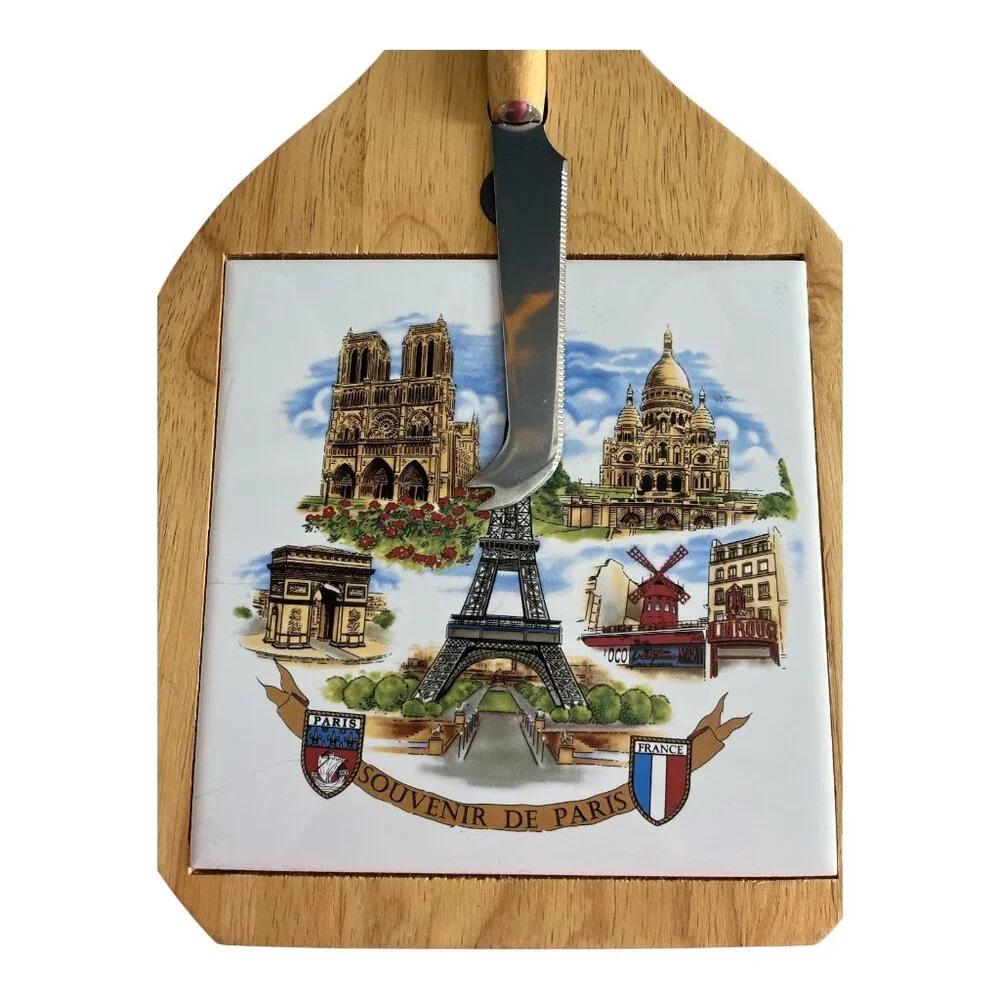 Vintage Paris Souvenir Cheese Board with Knife – Wood & Ceramic Tile, Eiffel Tow